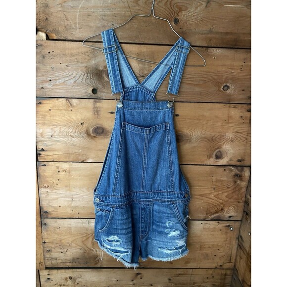 American Eagle Outfitters Bib Overall Shorts Women’s S Distressed Raw Hem - Picture 1 of 9